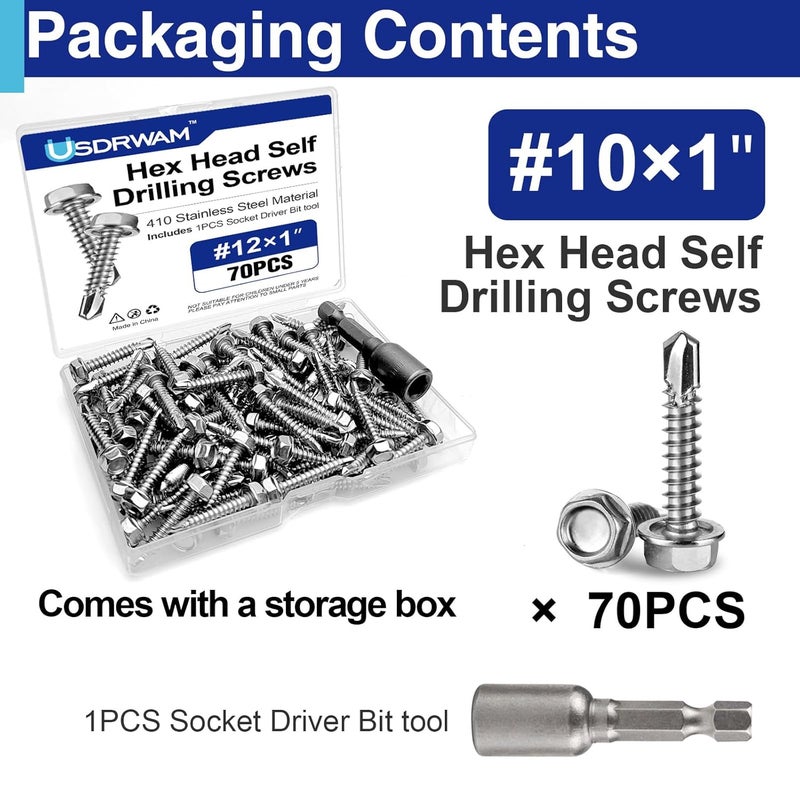 Usdrwam 70Pcs #12×1" Self Tapping Screws for Metal, 410 Stainless Steel Hex Washer Head Sheet Metal Screw - Image 3